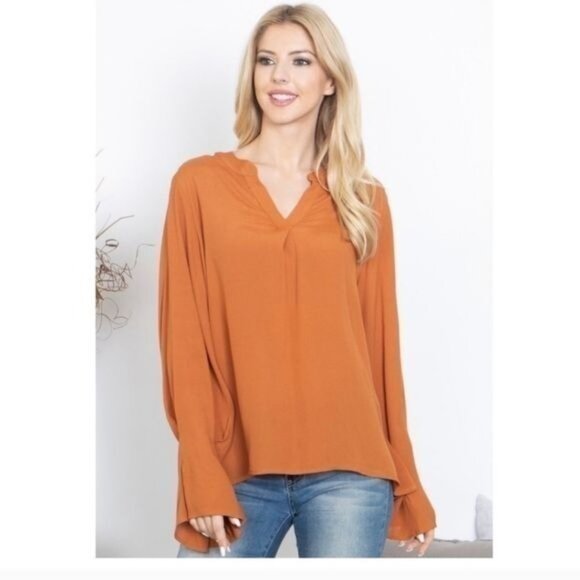 Flowy Rust Orange V-Neck Bell Sleeve Blouse Top Lightweight -NEW - Picture 9 of 12